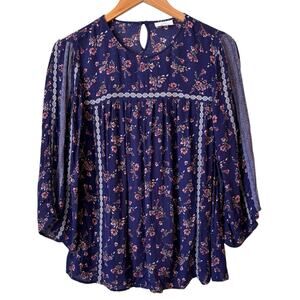 J. Jill Women's 3/4 Sleeve Boho Blouse Top Semi Sheer in Navy Floral Size Small